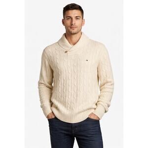 Tommy Hilfiger 2000s Cream Cable Knit Shawl Collar Sweater XL